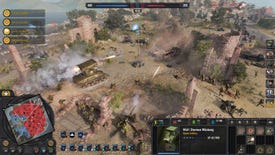 Assorted tanks and infantry fight next to a flag