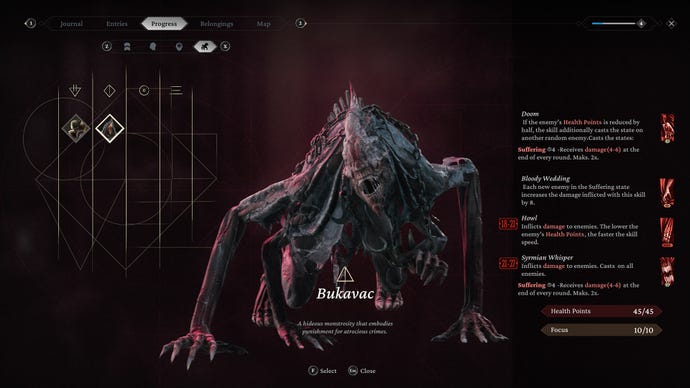 The progress menu screen for the demon Bukavac in The Thaumaturge