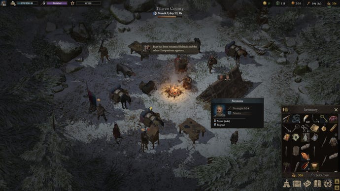 A group of mercenaries gather around a campfire in a snowy wood in Wartalwa